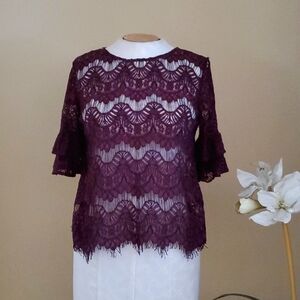 Inny Short Sleeve Lace Burgundy Top